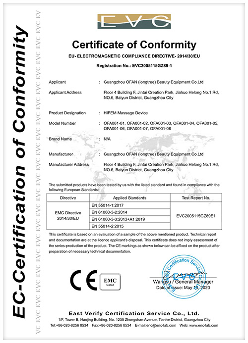 Сертификат CE на массажное устройство HIFEM